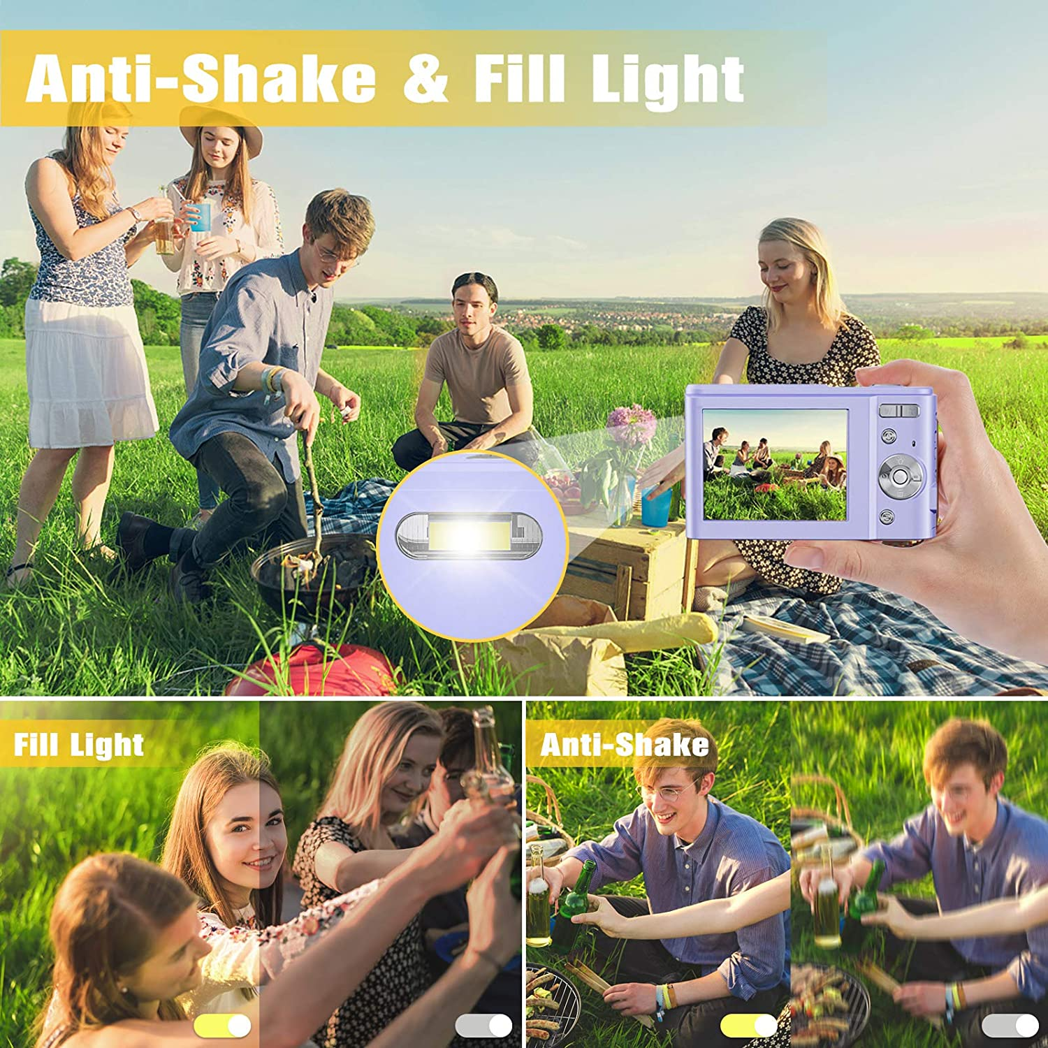Ludzie robiący zdjęcia aparatem. Tekst na obrazie mówi 'Anti-Shake & Fill Light'.
