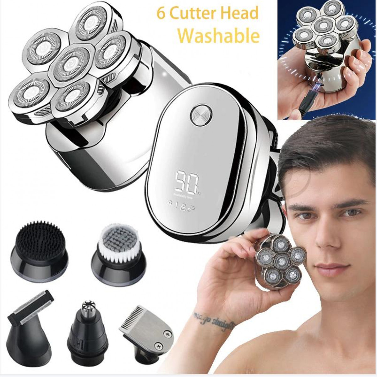 Golarka elektryczna z sześcioma głowicami, z akcesoriami i mężczyzną trzymającym jedną.