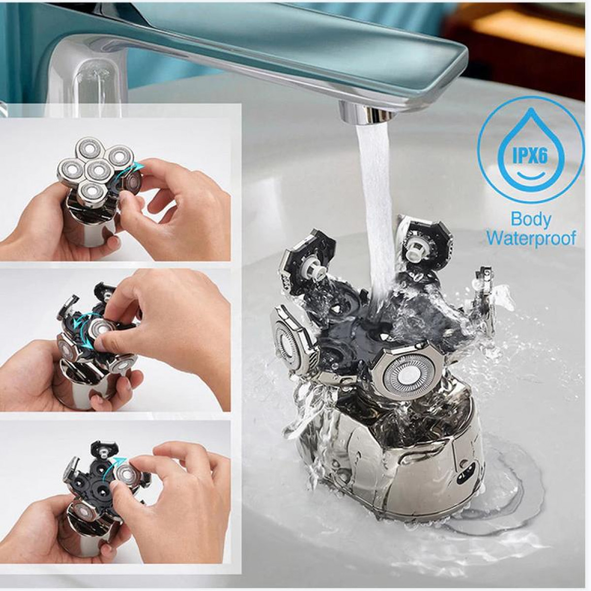 Mężczyzna goli się maszynką. Woda pryska. Maszynka i jej części są widoczne.