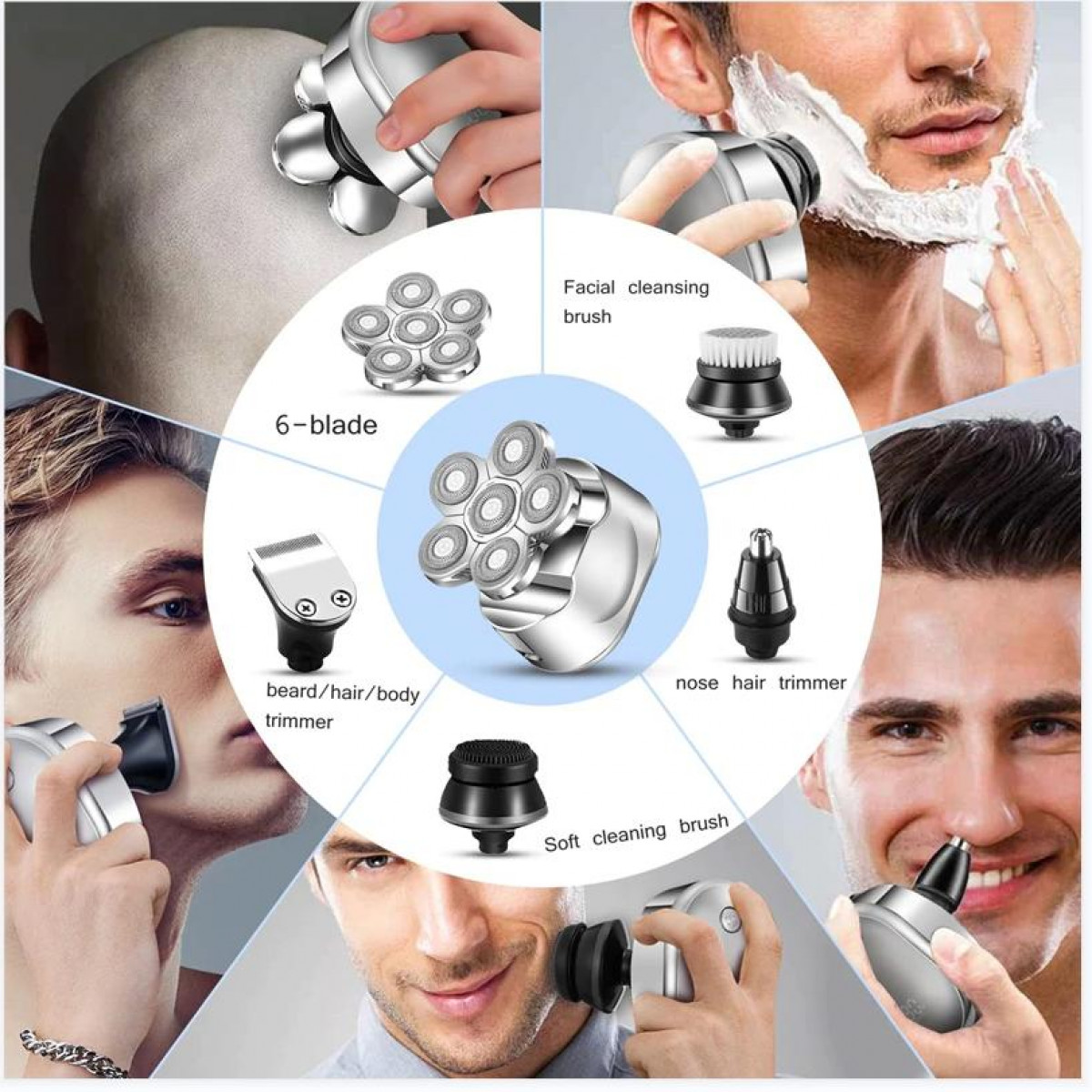 Schemat 6-ostrzowej golarki elektrycznej z różnymi nasadkami i przykładami golenia.