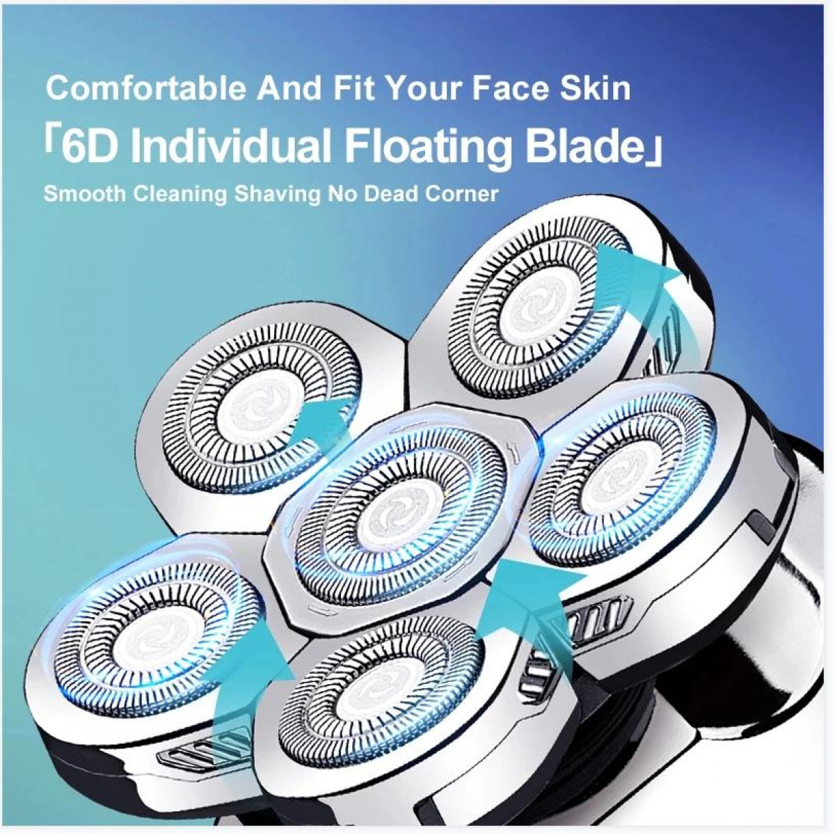 Zbliżenie golarki z sześcioma głowicami obrotowymi. Niebieskie strzałki wskazują na każdą głowicę.