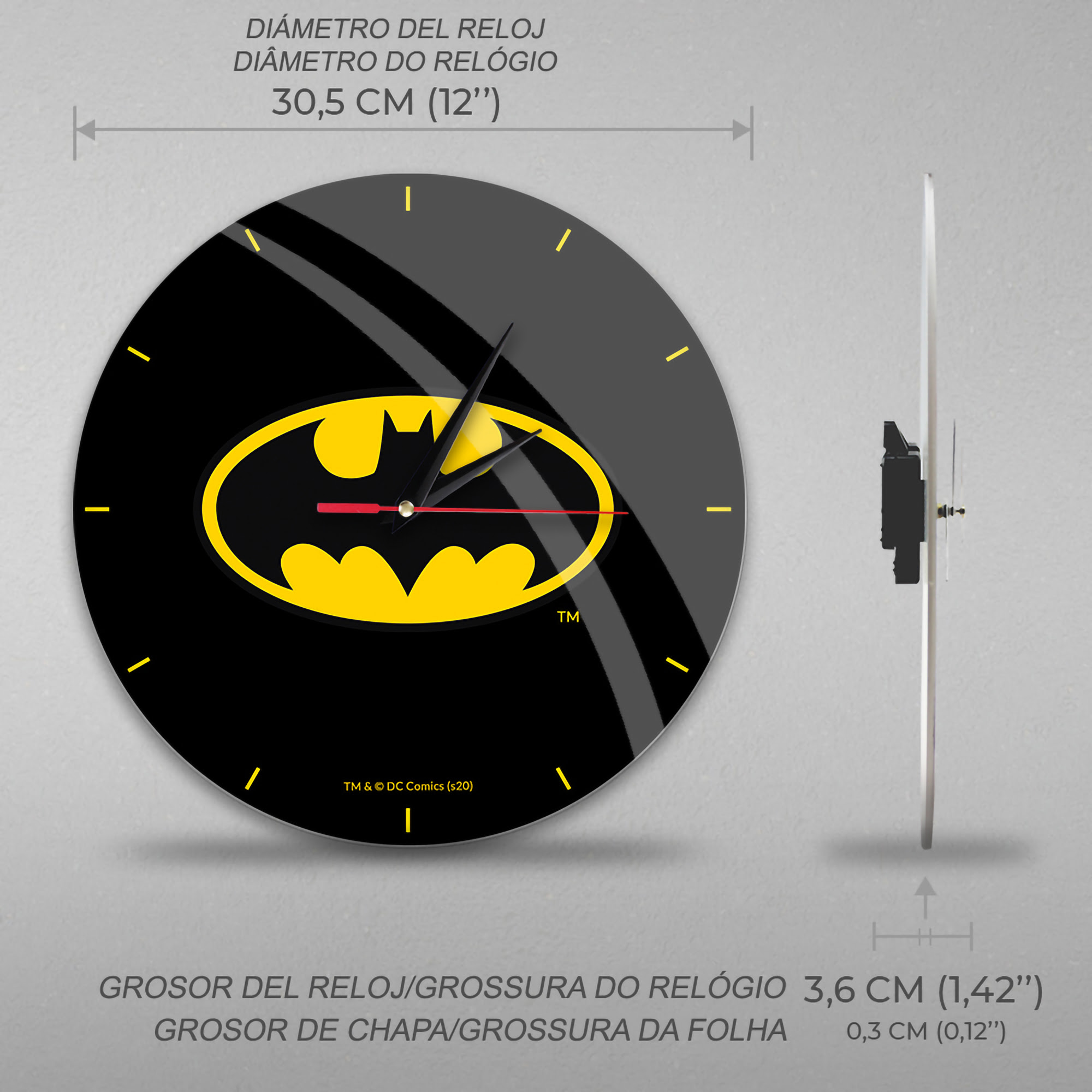 Batman-Uhr mit schwarzem Zifferblatt, gelbem Logo und Text. Durchmesser 30,5 cm.