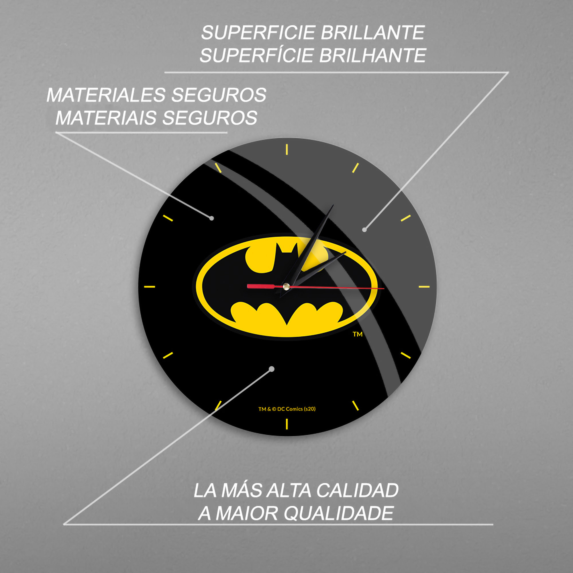 Eine Batman-Uhr mit schwarzem Zifferblatt und gelbem Logo. Text weist auf hohe Qualität und Sicherheit hin.