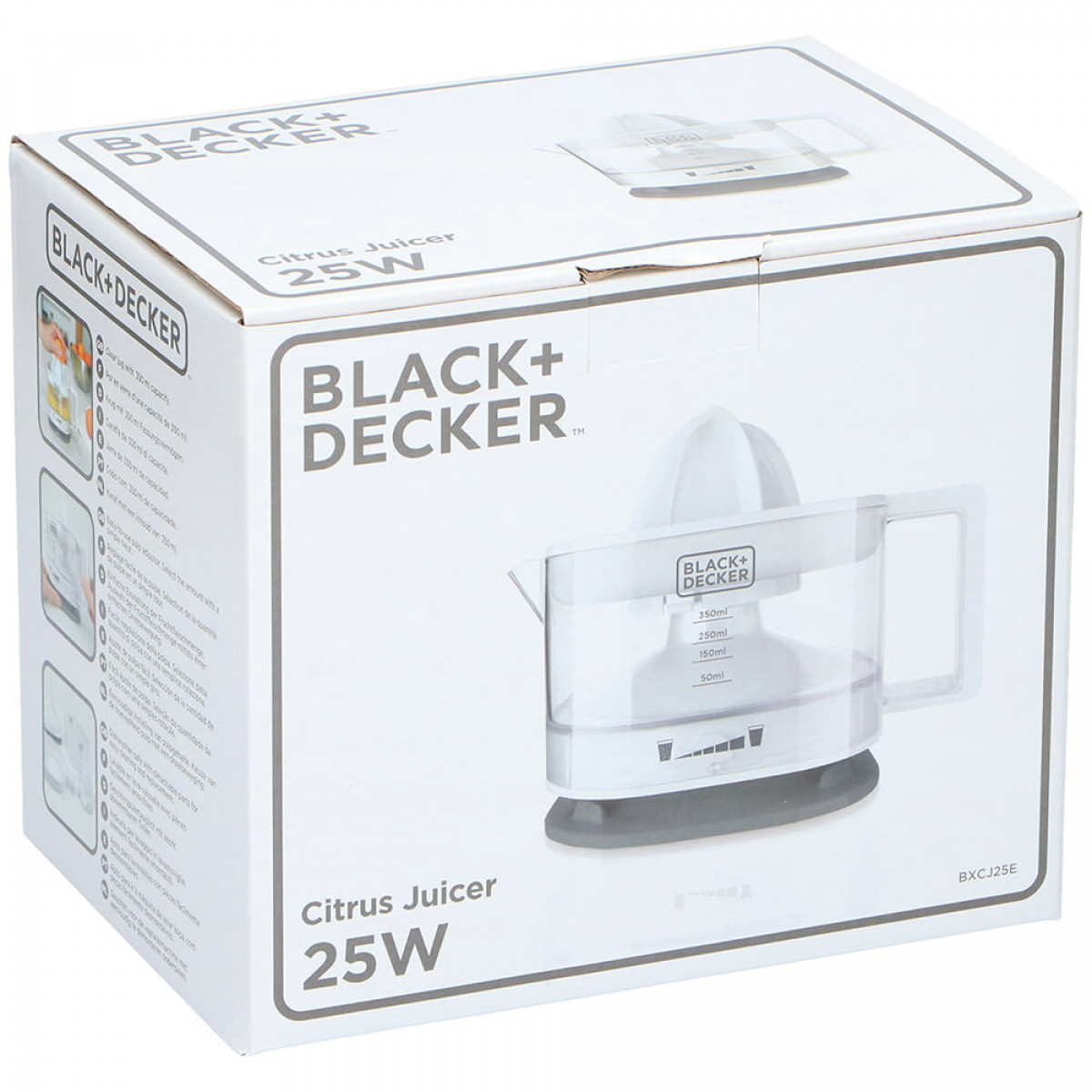 Black+Decker citrus juicer in its box. The box shows images of the juicer and its features.