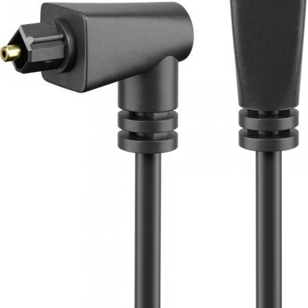 Ein schwarzes optisches Audiokabel mit einem rechtwinkligen Stecker und einem geraden Stecker.