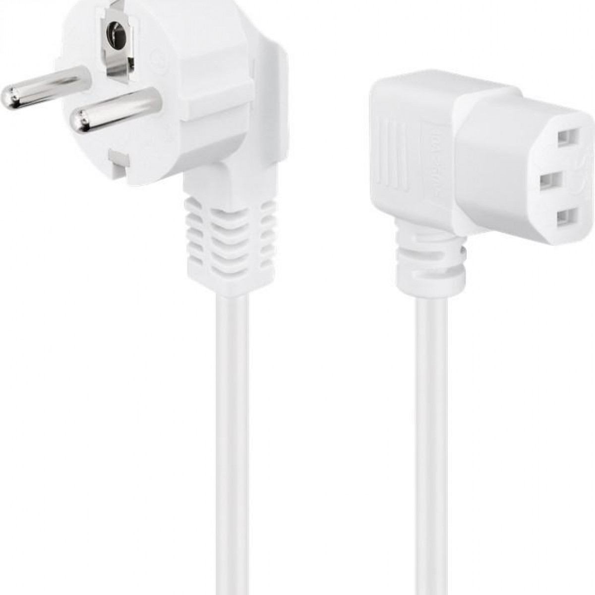Un cavo di alimentazione bianco con una spina e un connettore IEC.