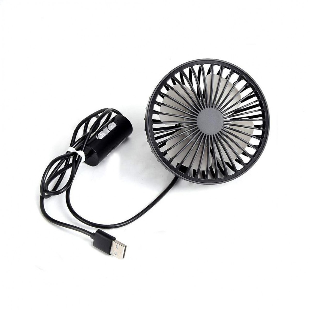 Kleiner schwarzer Ventilator mit Flügeln, schwarzem USB-Kabel und schwarzer Steuereinheit. Auf weiß.