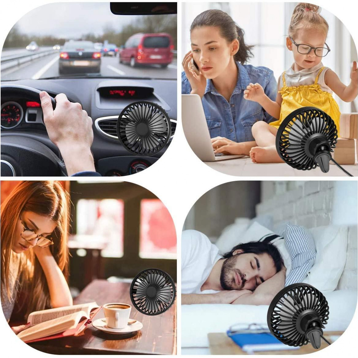 Vier Szenen mit einem schwarzen Ventilator: Auto, lesende Person, schlafende Person und Frau.
