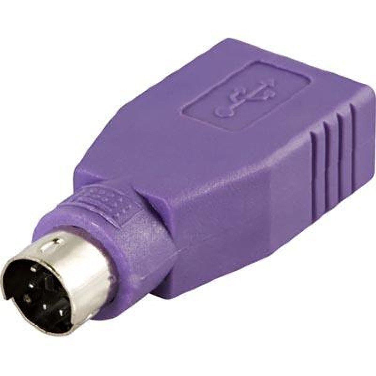 Ein lila PS/2-zu-USB-Adapter. Weißer Hintergrund.
