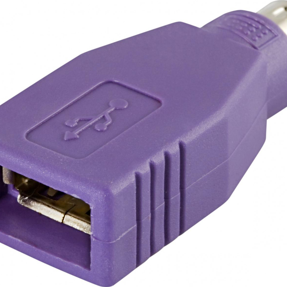 Ein lila USB-zu-PS/2-Adapter mit USB-Symbol.