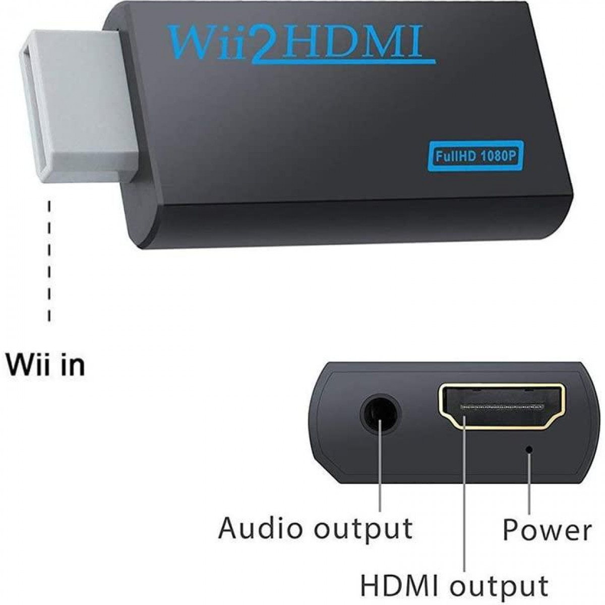 Adapter Wii2HDMI z wejściem Wii i portami wyjścia audio/wyjścia HDMI, czarny na białym tle.
