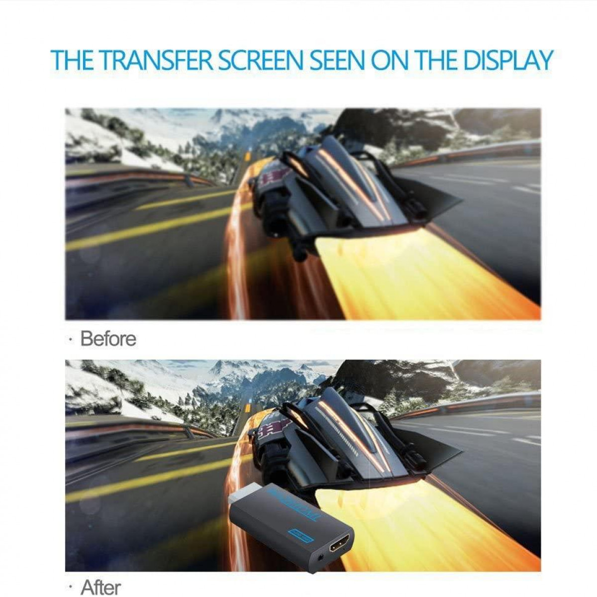 Porównanie przed i po ekranu transferu na wyświetlaczu, pokazujące grę wyścigową.