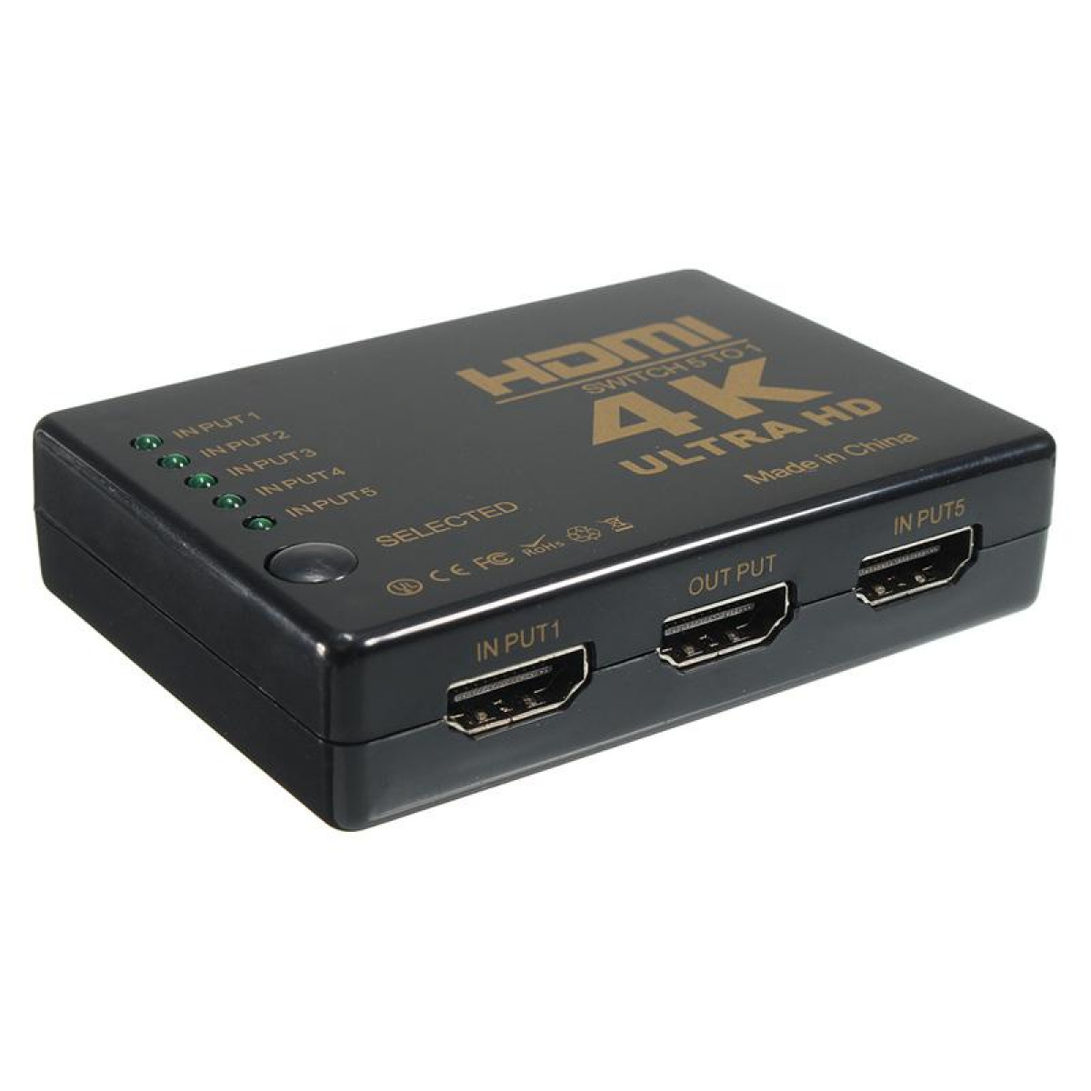 Schwarzer HDMI-Switch mit 5 Eingängen und 1 Ausgang, beschriftet. Logo sichtbar.