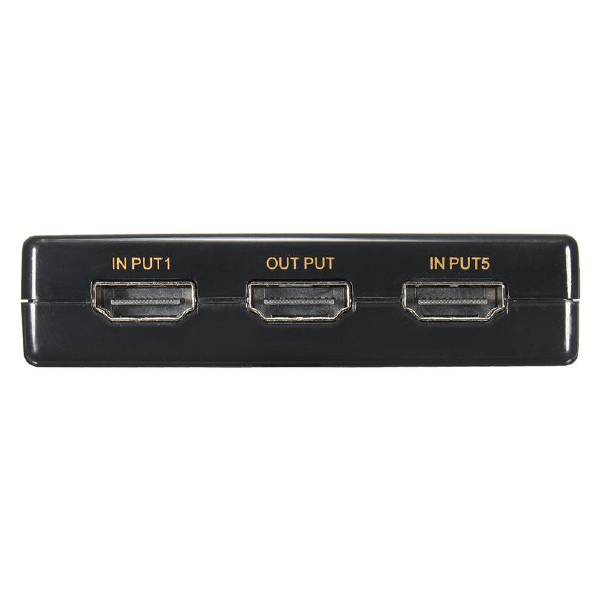 Ein schwarzer HDMI-Splitter mit drei Anschlüssen mit der Aufschrift 'IN PUT 1', 'OUT PUT' und 'IN PUT 5'.