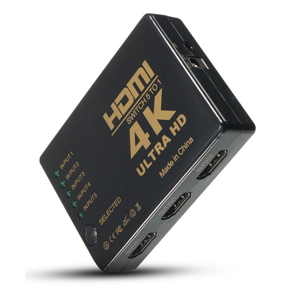 Schwarzer HDMI-Switch mit goldfarbenem Text, beschriftet mit '4K ULTRA HD'.  Mit mehreren Eingangs- und Ausgangsanschlüssen.