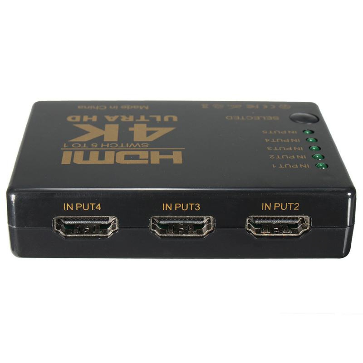Schwarzer HDMI-Switch mit 4 Eingängen und 1 Ausgang. Text: '4K ULTRA HD' und 'HDMI'.