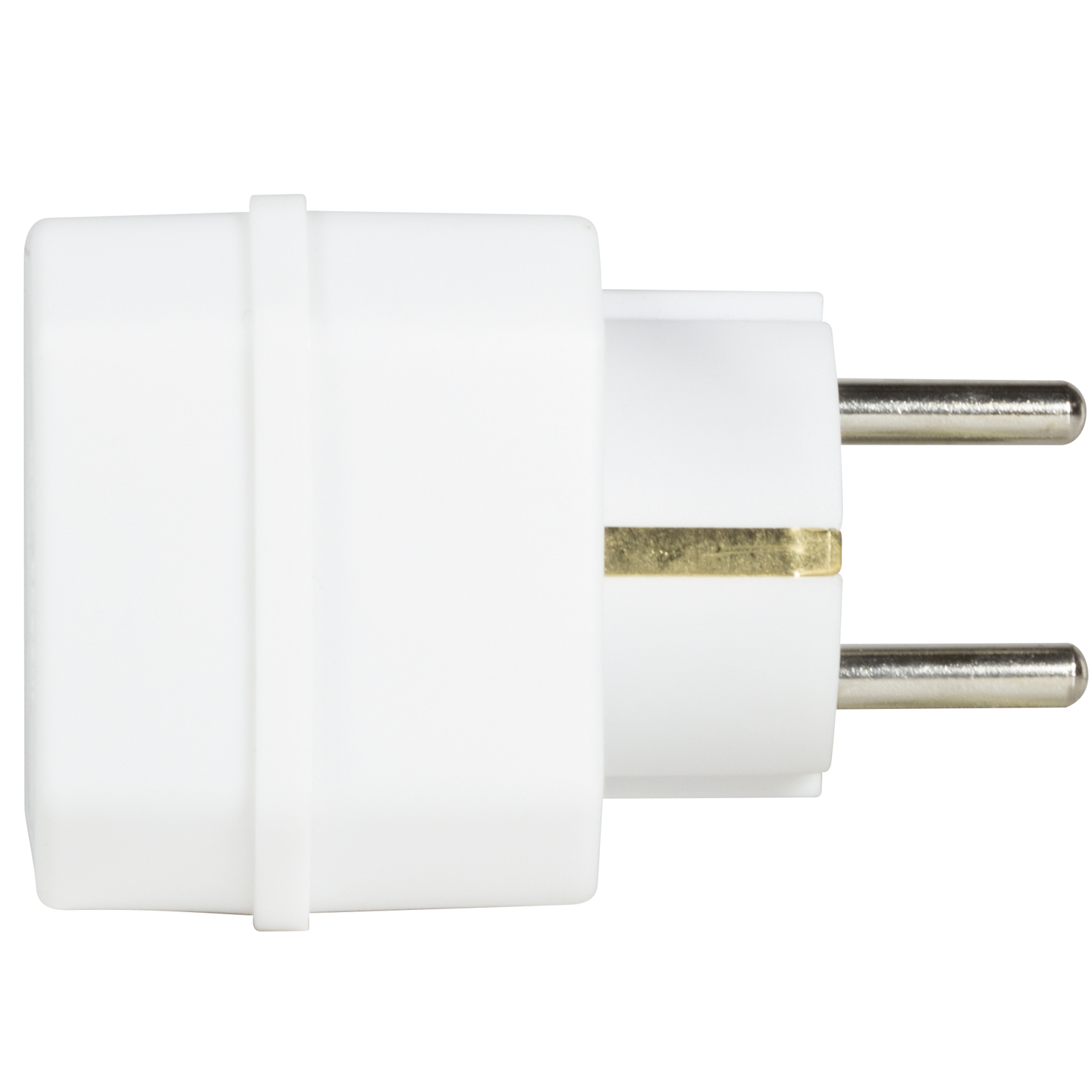 Weißer Reiseadapter mit zwei silbernen Stiften.