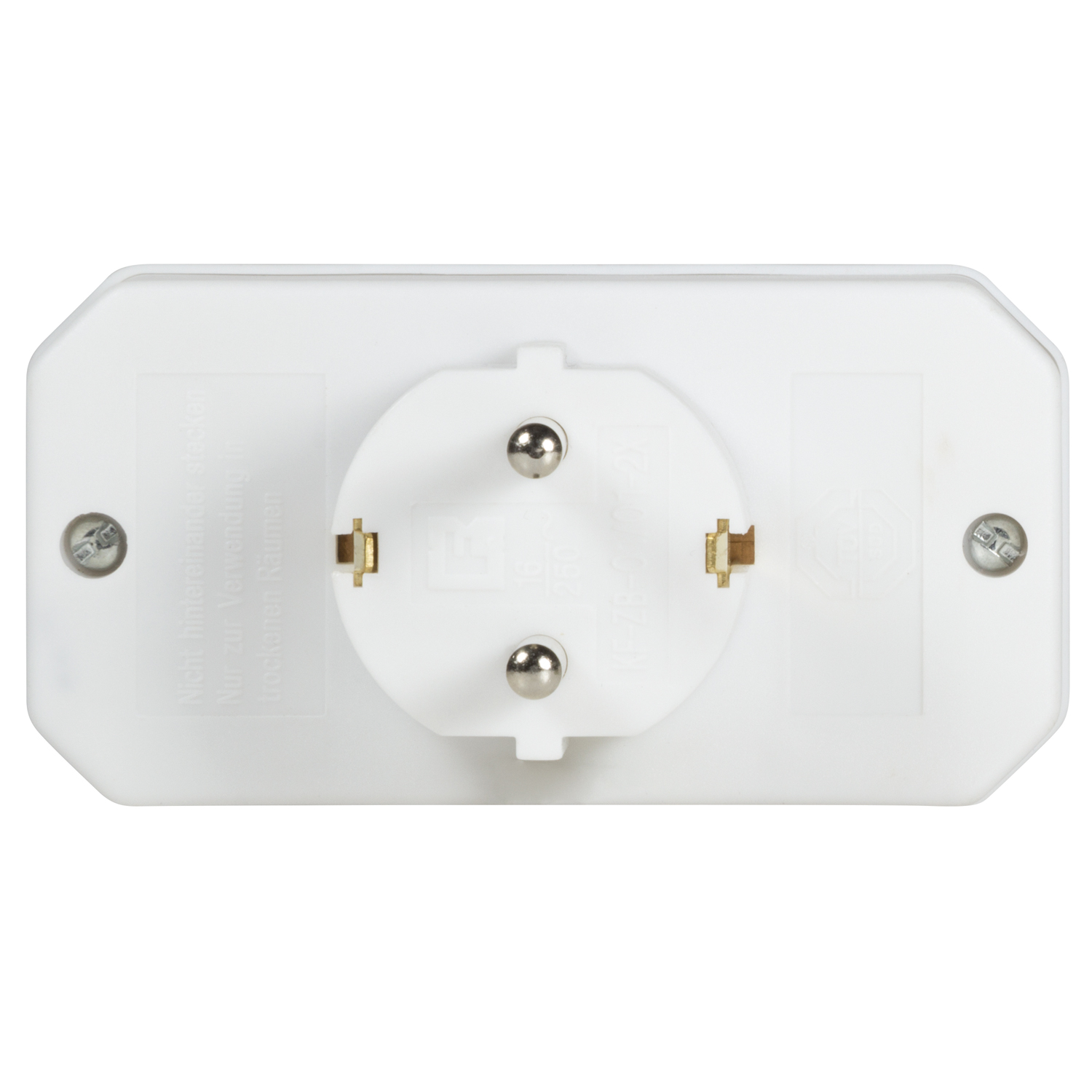 Weißer Steckdosenadapter mit drei Metallstiften und zwei Schrauben. Text befindet sich an den Seiten.
