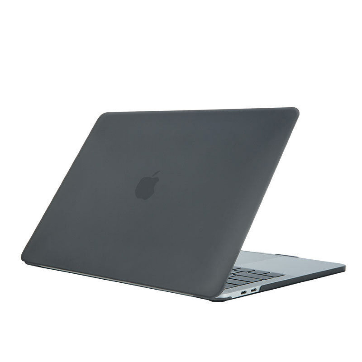 Dunkelgraues MacBook-Laptop auf weißem Hintergrund, geschlossene Ansicht.