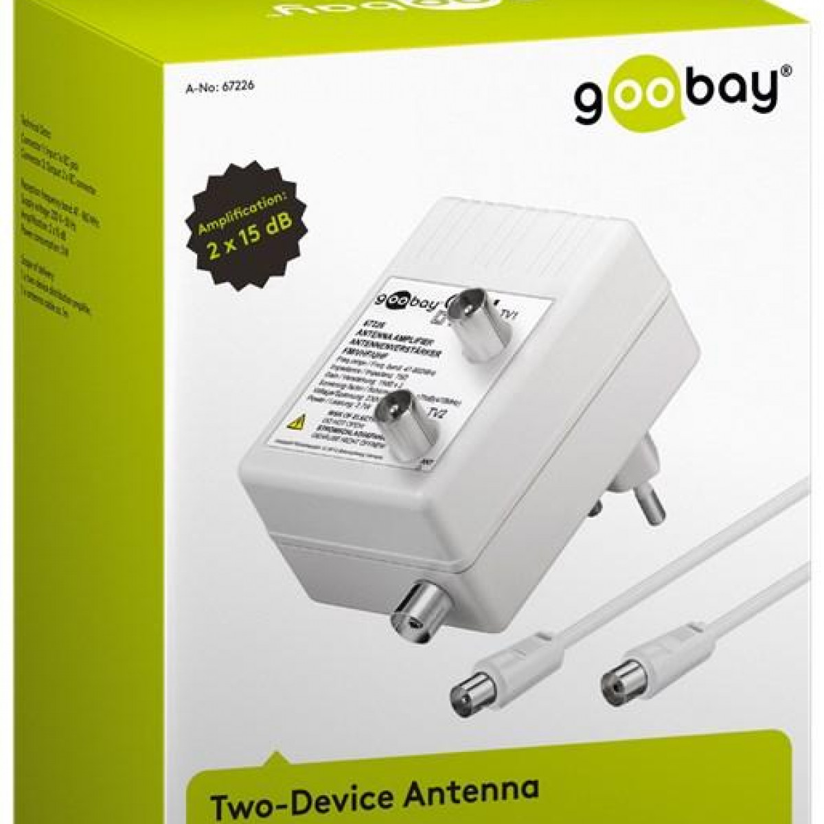 Weißer Antennenverstärker-Kasten. Zwei Antenneneingänge und Kabel. Goobay-Logo sichtbar.