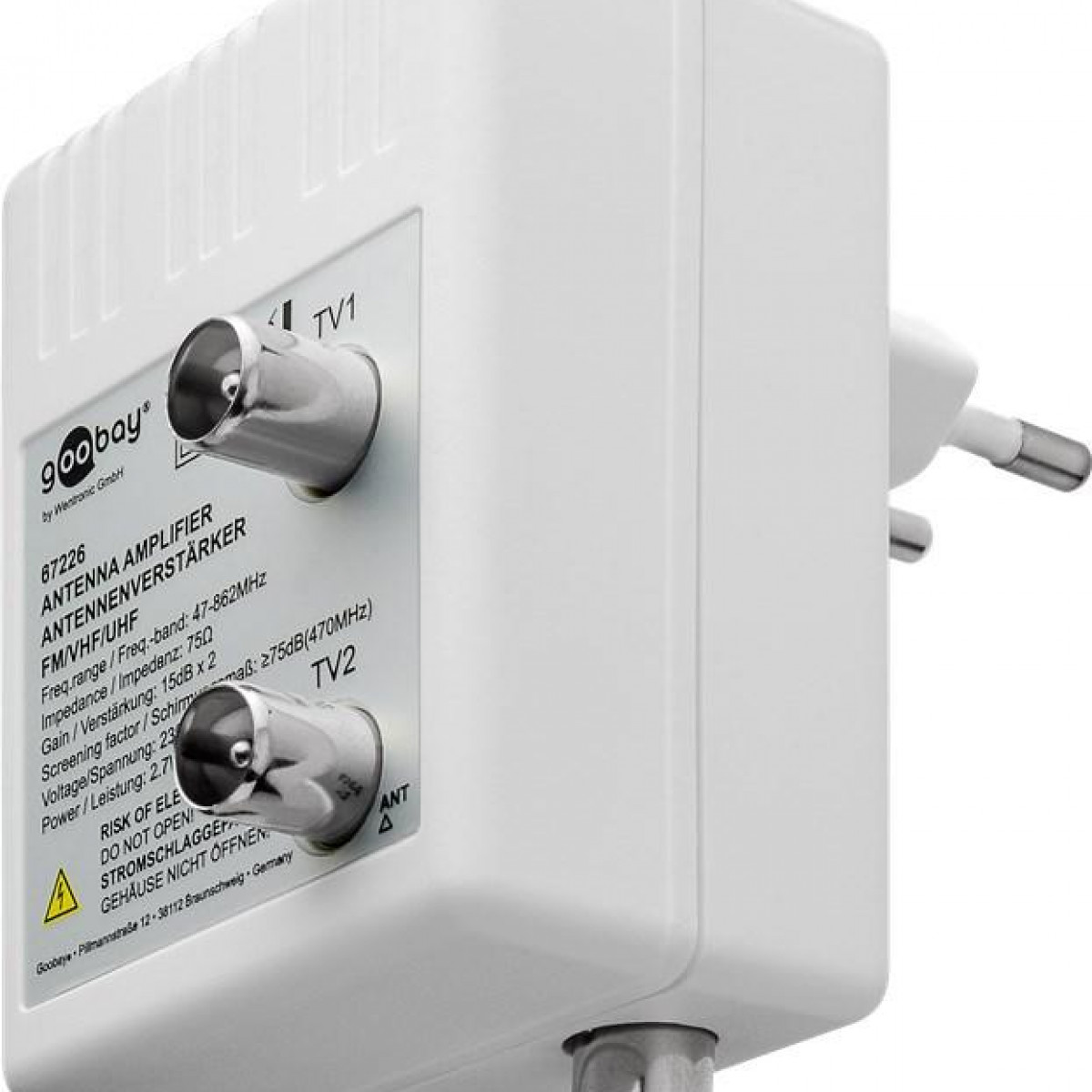 Weißer Antennenverstärker mit zwei Anschlüssen und Stecker. Text auf Deutsch.