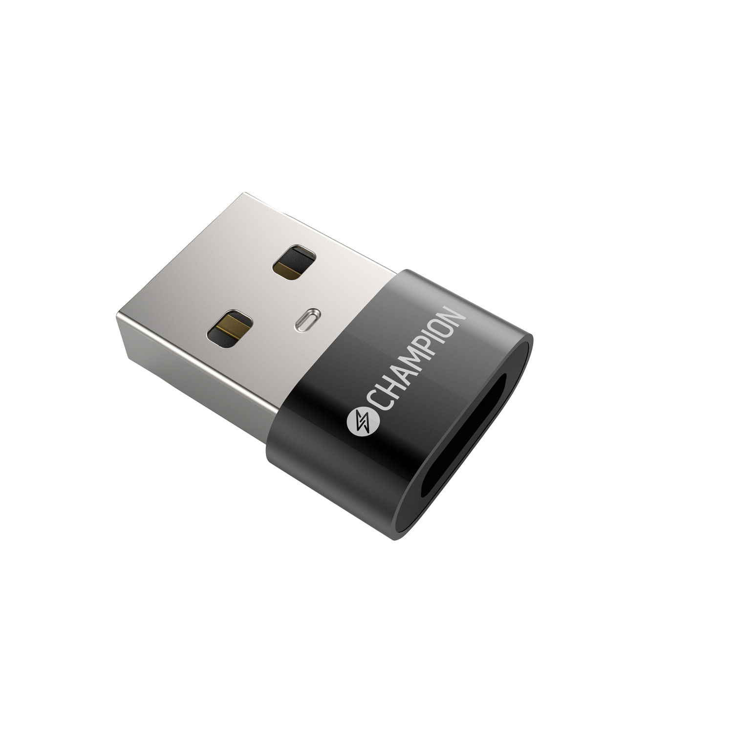 Ein silberner und schwarzer USB-C-Adapter mit dem Aufdruck "CHAMPION".