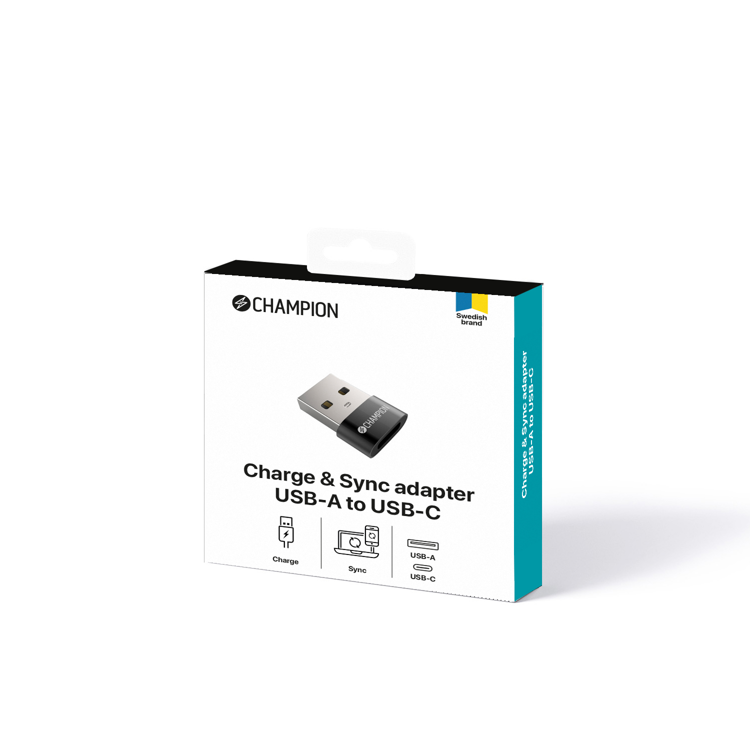 Eine weiße und schwarze Box. Text: 'Charge & Sync Adapter USB-A zu USB-C'. Champion.