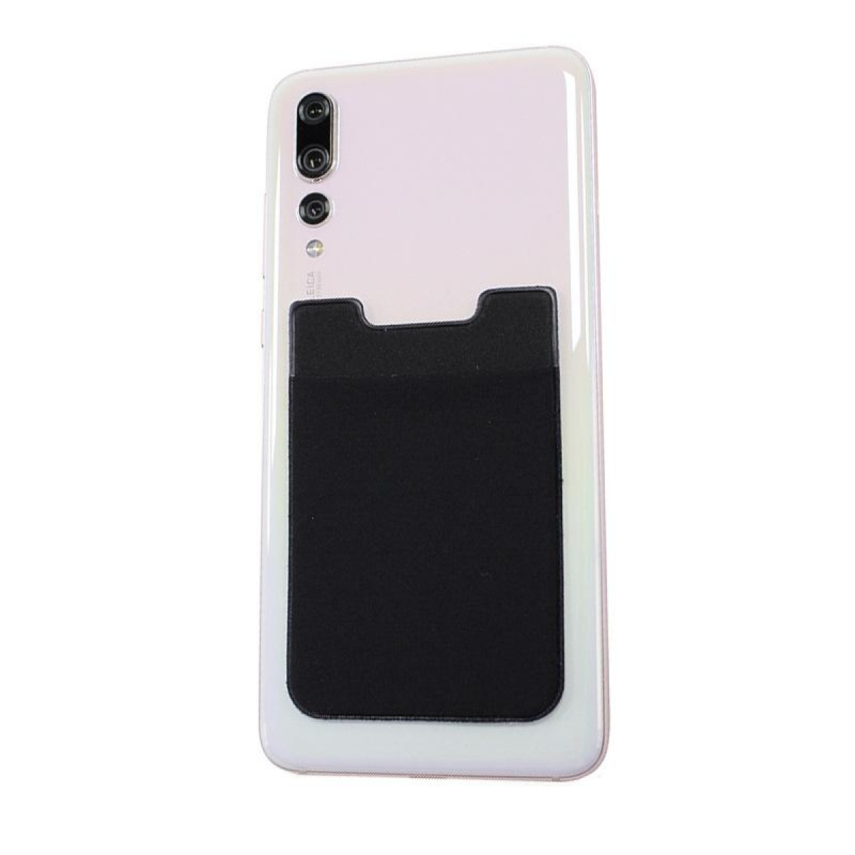 Ein weißes Telefon mit einem schwarzen Kartenhalter auf der Rückseite. Das Telefon hat einen schwarzen, rechteckigen Kartenhalter.