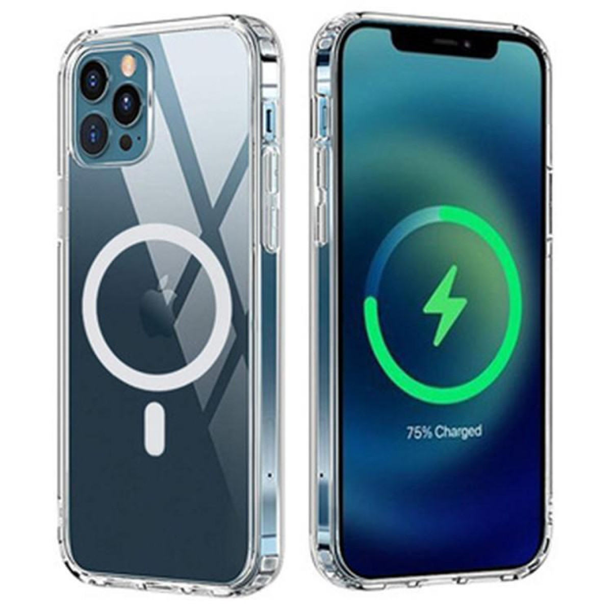 Zwei transparente Handyhüllen mit einem Apple-Logo. Eine zeigt ein Telefon, das mit einem grünen Blitz lädt.