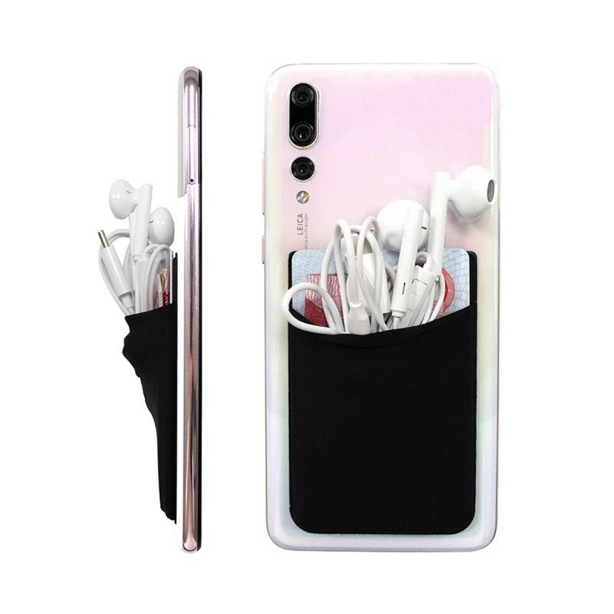 Ein pinkfarbenes Telefon mit einer schwarzen Tasche, die weiße Ohrhörer und eine Kreditkarte hält.