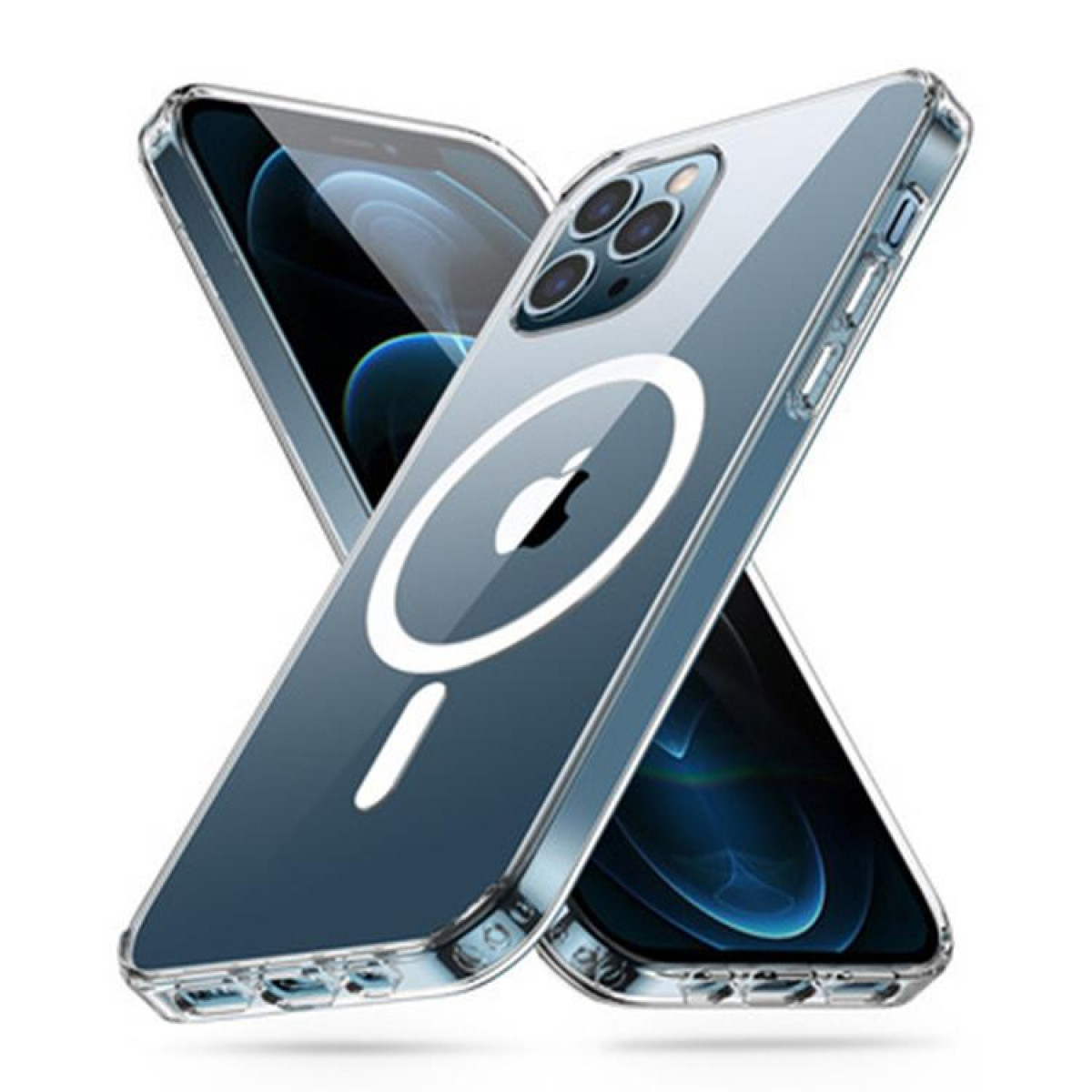 Zwei Telefone in transparenten Hüllen, überlappend. Apple-Logo sichtbar. Transparente Hülle mit einem Kreis.