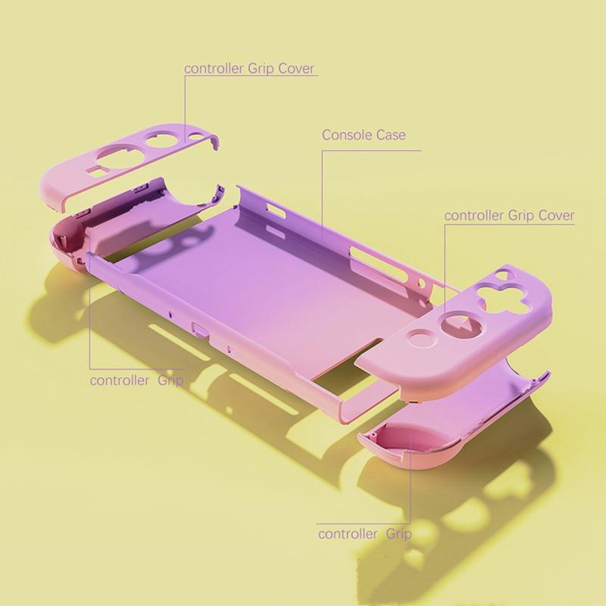 Explosionsansicht einer rosa-lila Nintendo Switch-Hülle mit Controller-Griffen.