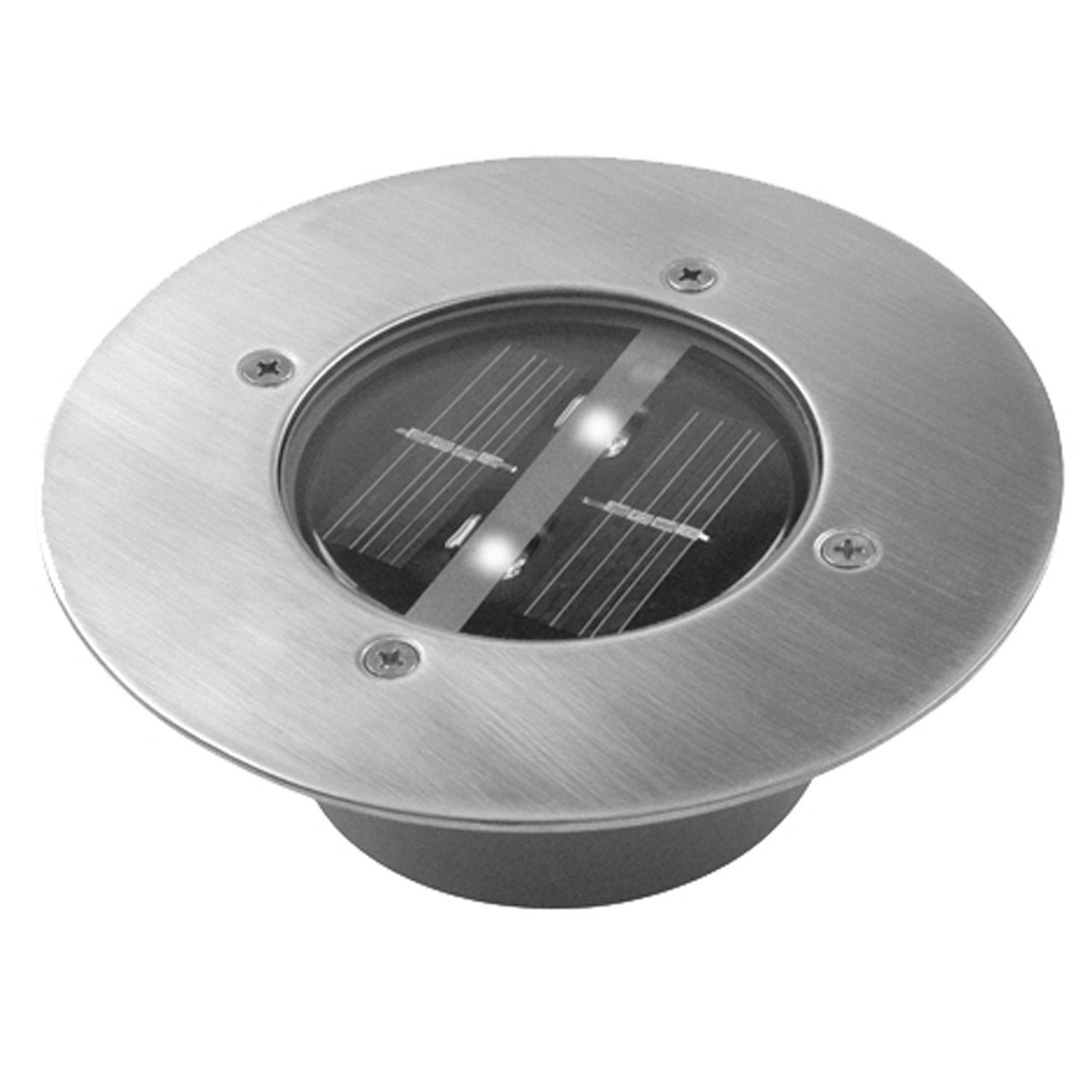 Silberne solarbetriebene Bodenleuchte. Kreisförmiges Design mit vier Schrauben und dunkler Basis.