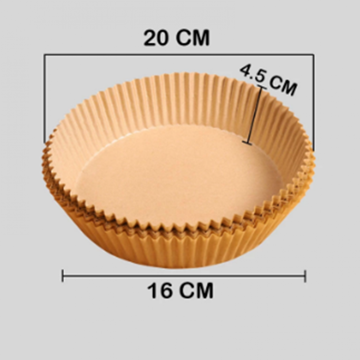Brown paper baking cups, stacked, with measurements: 20cm diameter, 16cm base, 4.5cm height.