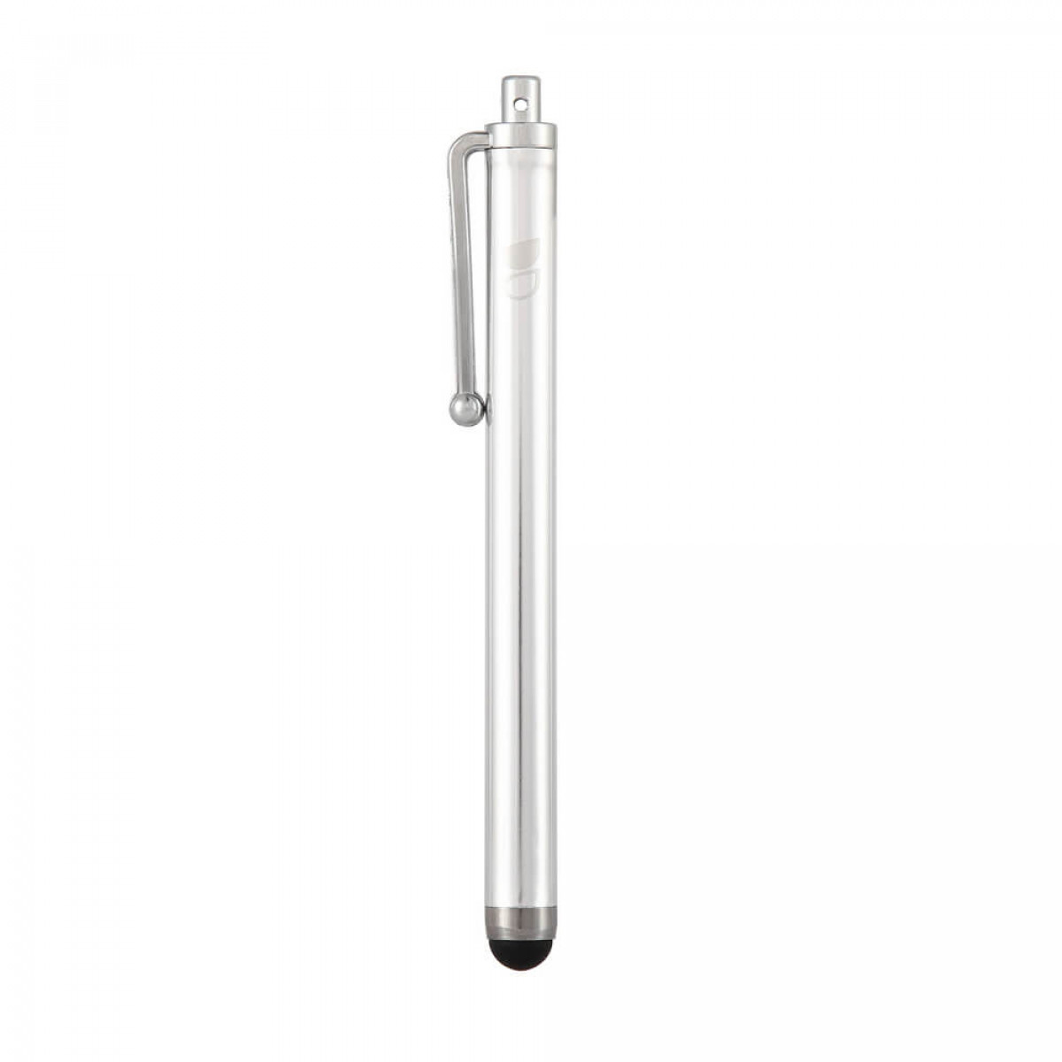 Ein silberner Stylus-Stift mit Taschenclip und schwarzer Spitze.