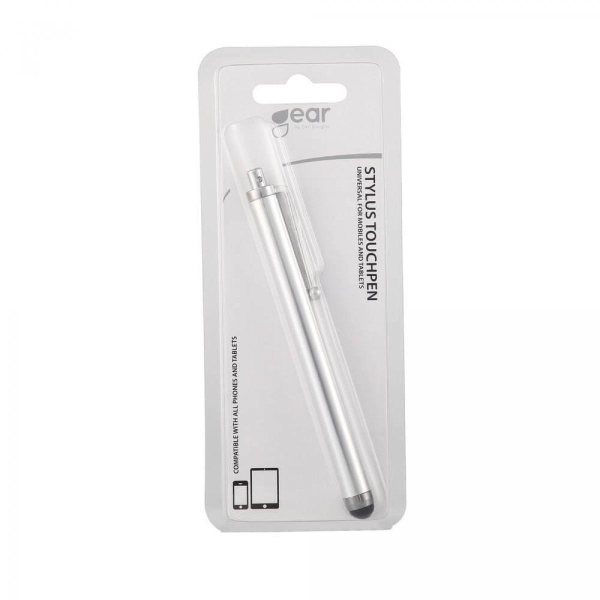 Silberner Stylus-Touchpen in einer transparenten Kunststoffverpackung, mit der Marke "gear".