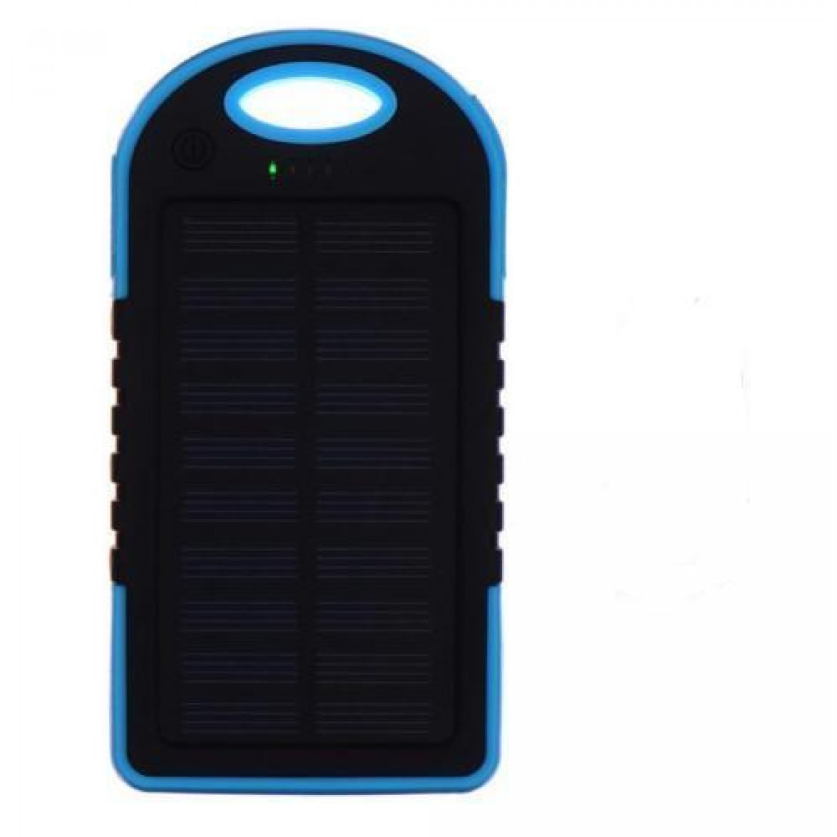 Blaue und schwarze Solar-Powerbank mit schwarzem Solarpanel und weißem Hintergrund.