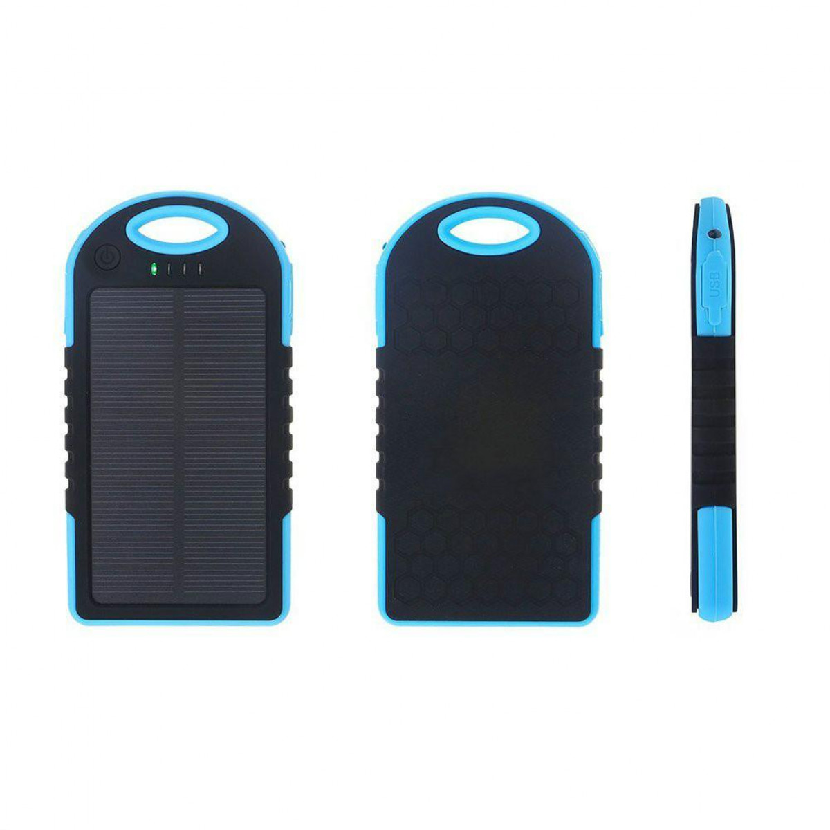 Eine solarbetriebene schwarze und blaue Powerbank mit drei Ansichten auf weißem Hintergrund.