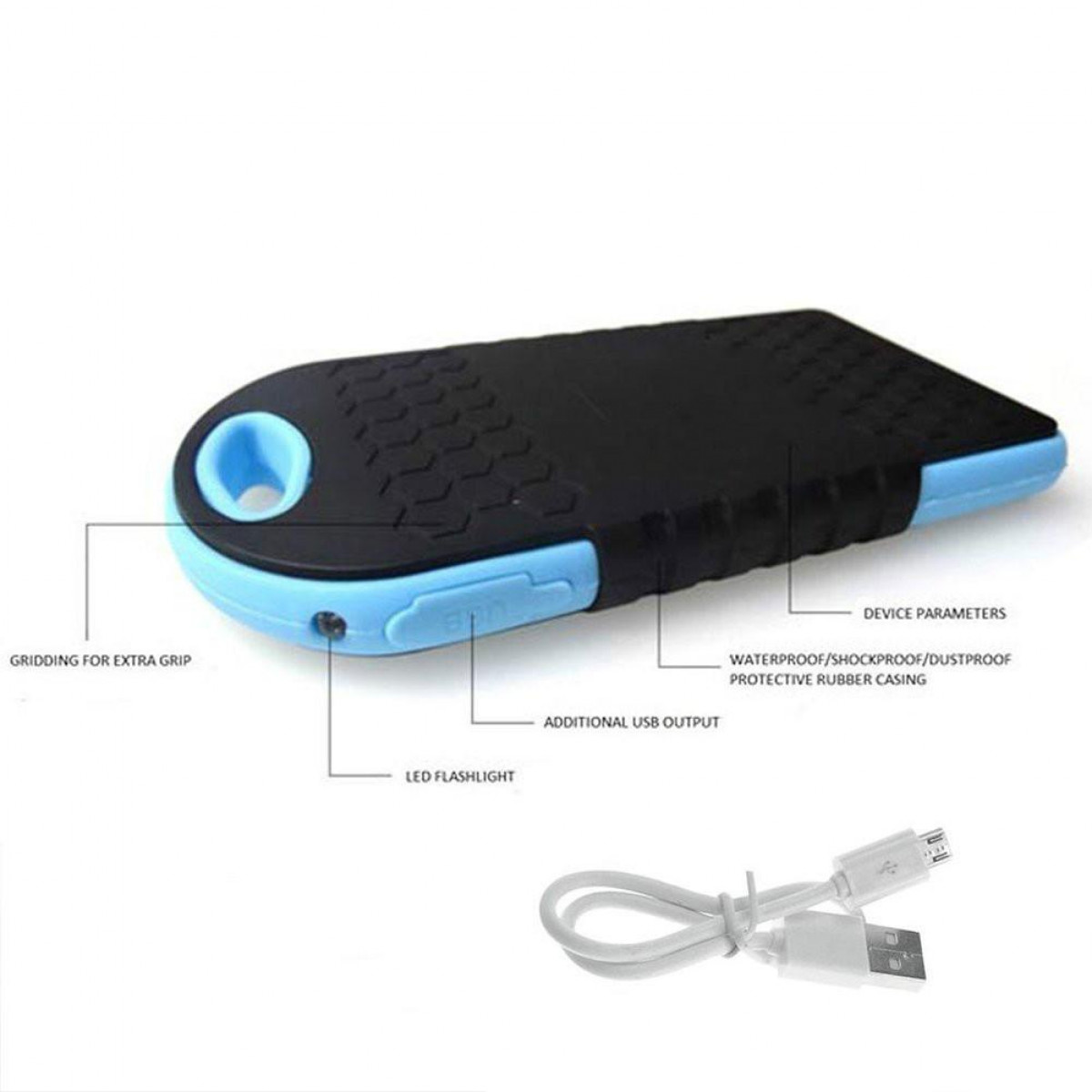 Schwarzes und blaues tragbares Gerät mit USB-Kabel. Zu den Merkmalen gehören LED, extra Grip und wasserdichtes Gehäuse.