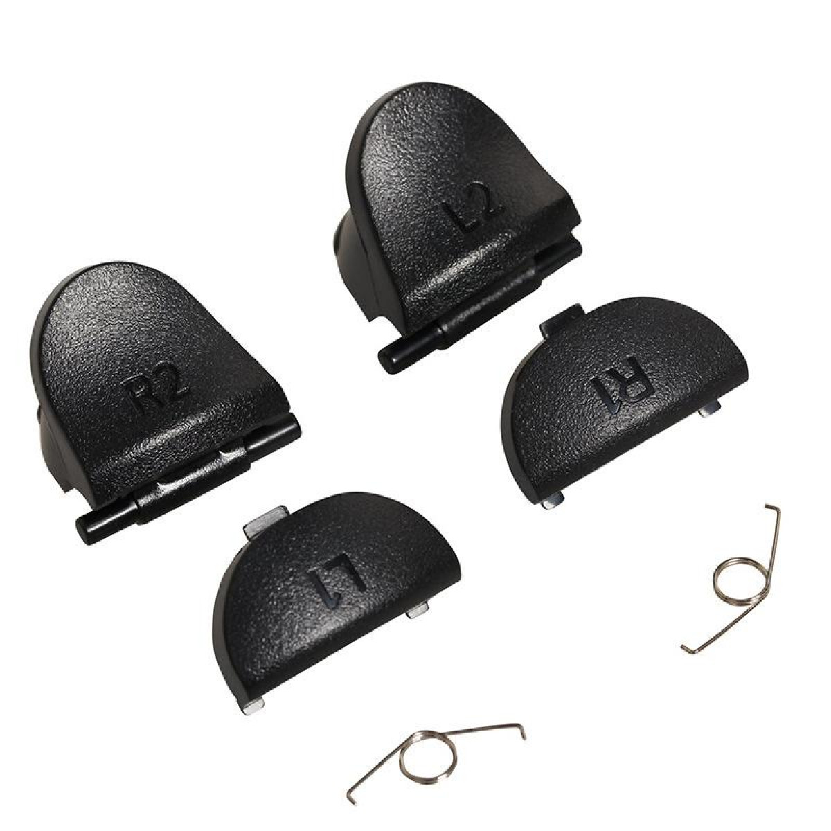 Czarne przyciski kontrolera gier: L1, L2, R1 i R2. Widoczne są również dwie sprężyny.