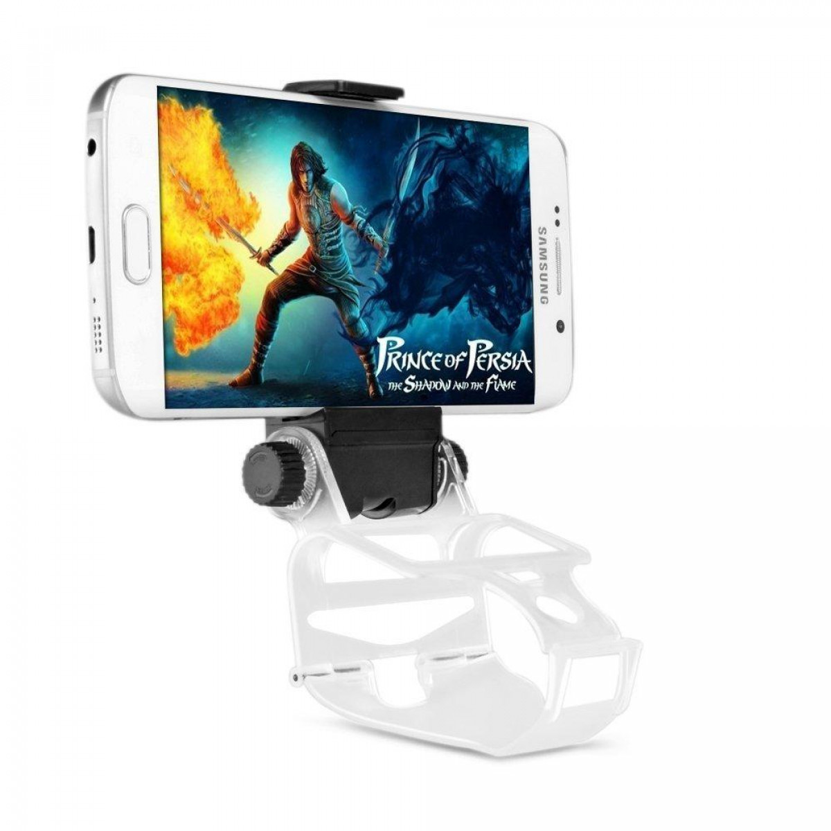Ein Telefon in einem weißen Halter, das einen Spielebildschirm anzeigt. Weißer Hintergrund.