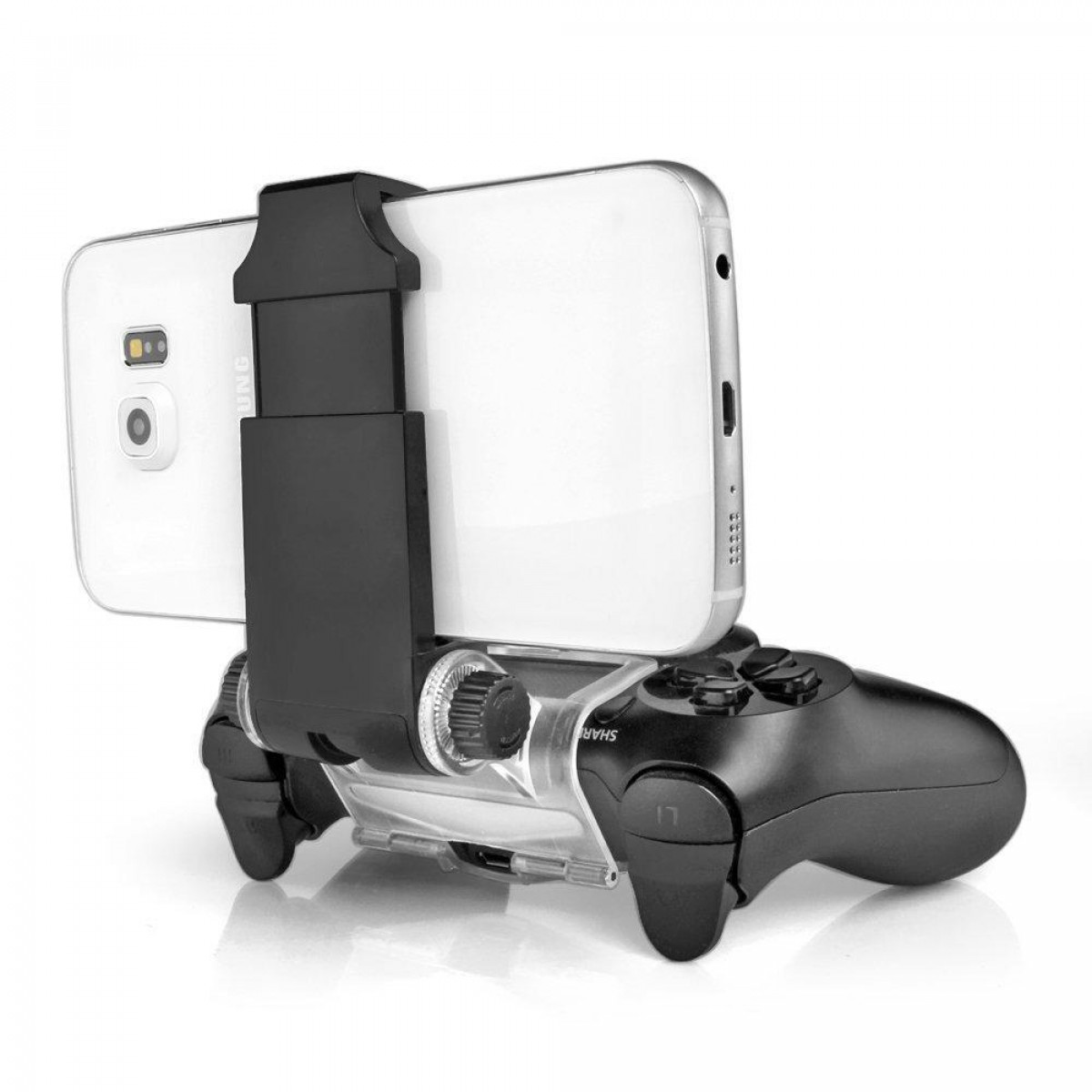 Smartphone an einem schwarzen Controller mit Telefonhalter befestigt.