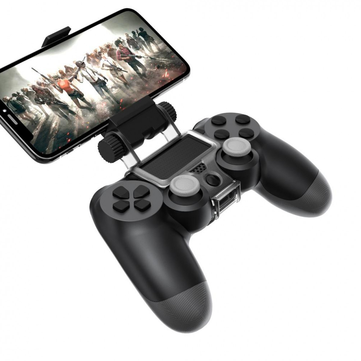 Ein schwarzer Gamecontroller mit befestigtem Telefon, auf weißem Hintergrund.