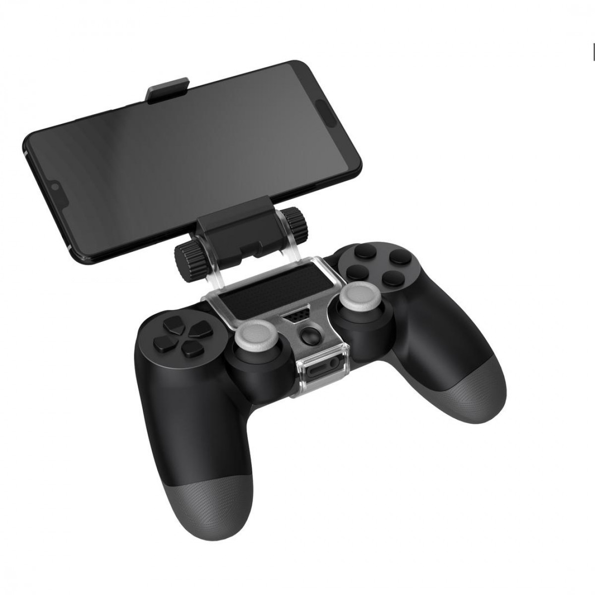 Schwarzer Gamecontroller mit Telefonaufsatz, der ein Telefon mit schwarzem Bildschirm hält.