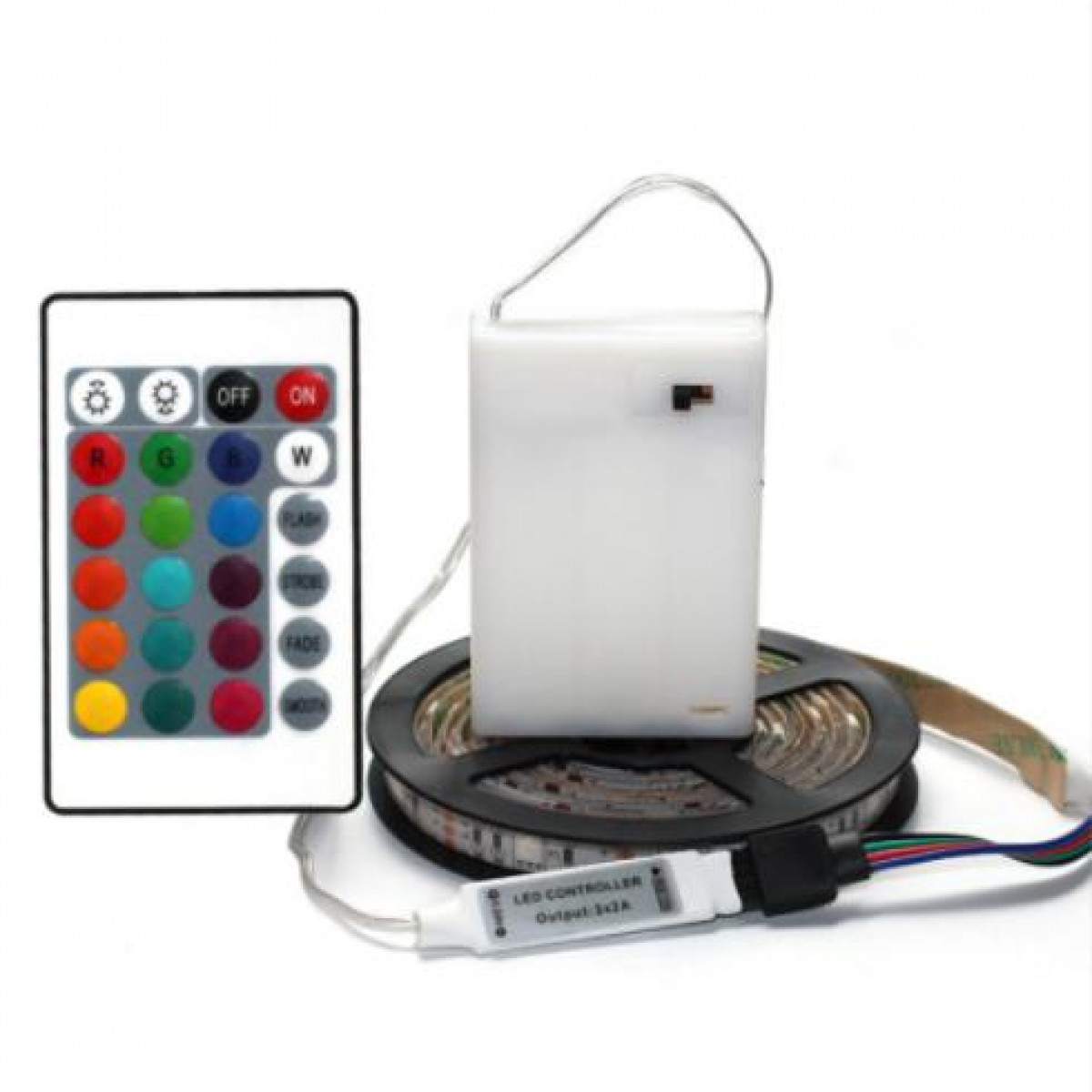 LED-stripverlichtingskit met afstandsbediening en bedieningskast, witte achtergrond.