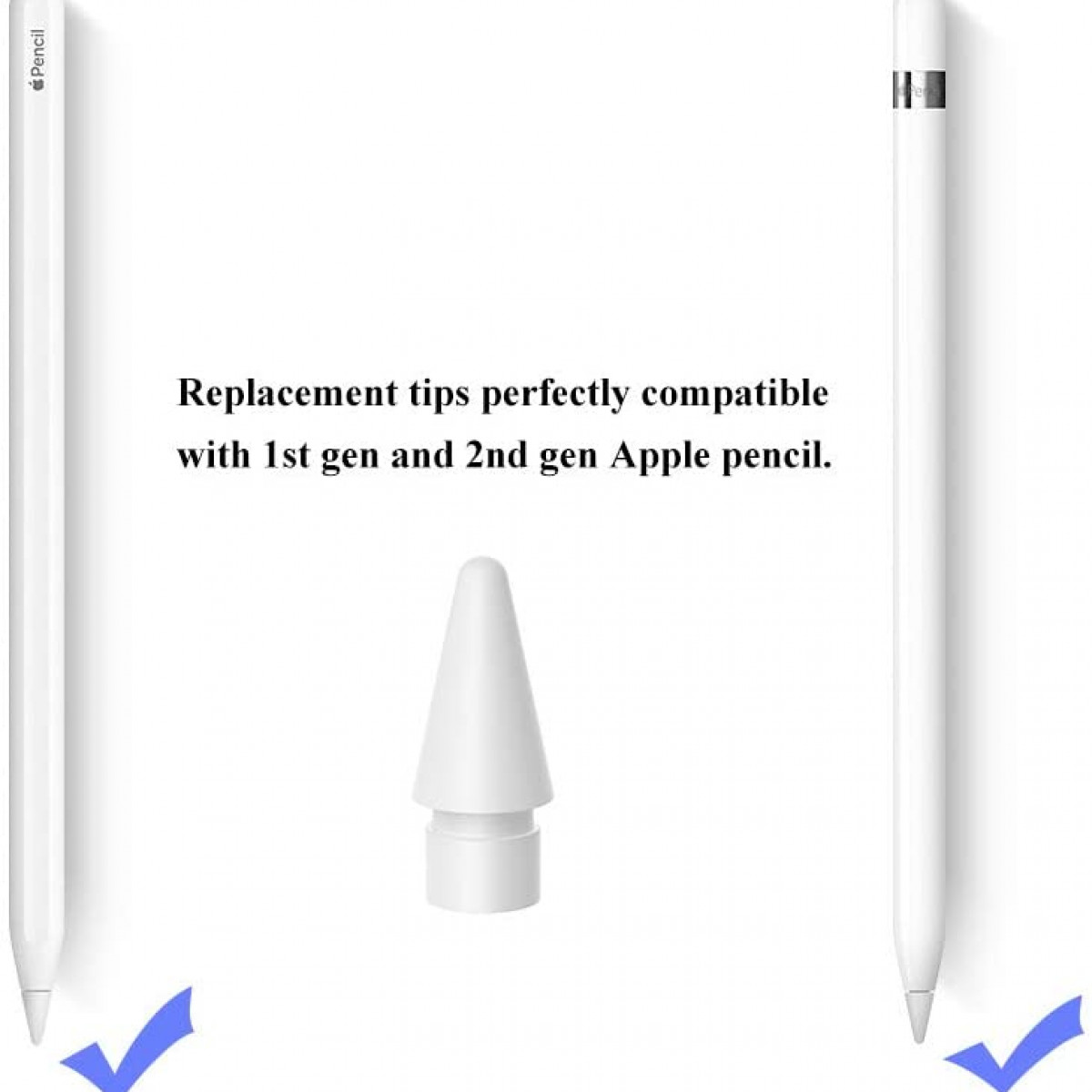 Zwei weiße Apple Pencils mit Ersatzspitze. Der Text lautet: 'Ersatzspitzen perfekt kompatibel'.
