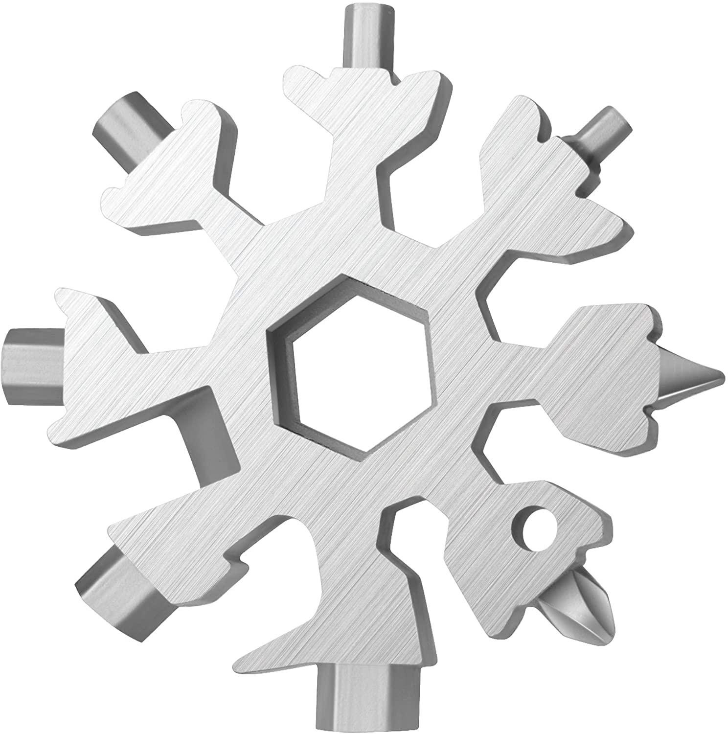 Utensile multiuso a fiocco di neve argentato con vari accessori.