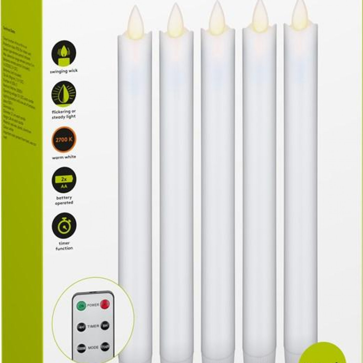 Fünf weiße LED-Kerzen mit Fernbedienung und eine Anleitung links.