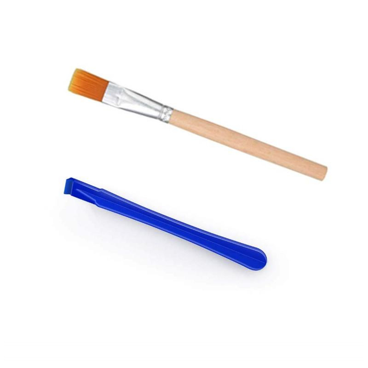 Verfkwast en blauw plastic openingstool op witte achtergrond, bovenaanzicht.