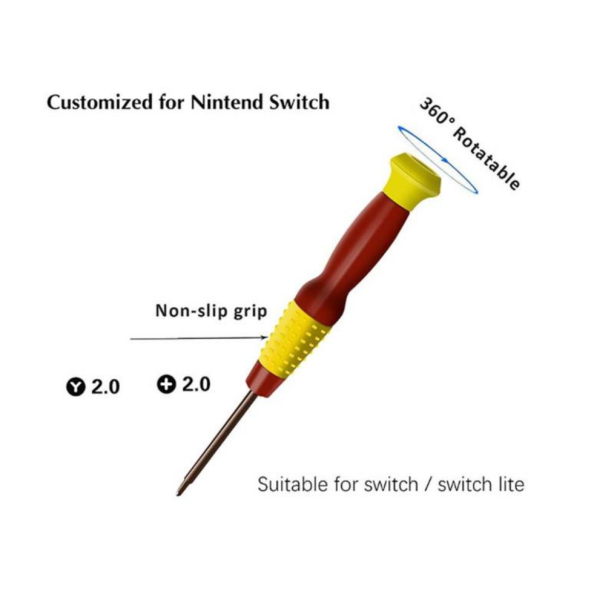 Schroevendraaier voor Nintendo Switch. Rode handgreep, gele bovenkant. Wit.